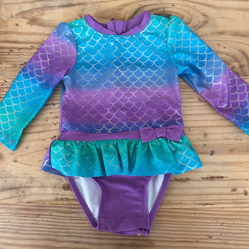 Cat & Jack Girls' Long-Sleeve Mermaid One-Piece Swimsuit - Purple & Teal, 12M